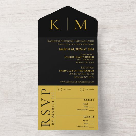 Schwarz-Gold-Monogram-Modern Wedding- All In One Einladung (Innen Boden)