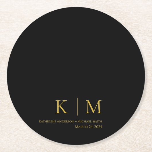 Schwarz-Gold-Monogram-Modern Wedding- Runder Pappuntersetzer (Vorderseite)