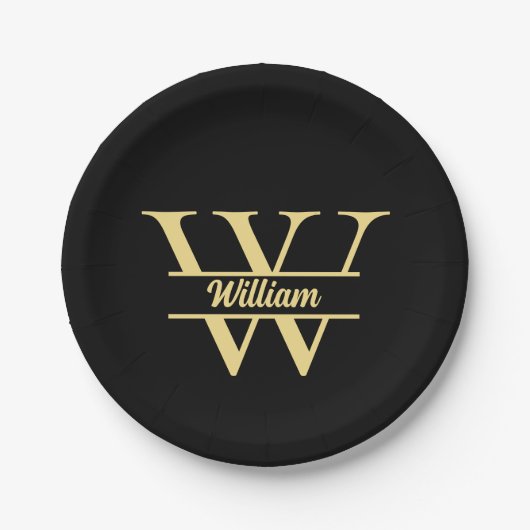 Schwarz-Gold-Monogramm | Eleganter Anfangsname Pappteller (Vorderseite)