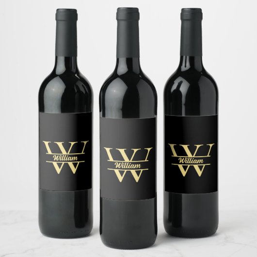 Schwarz-Gold-Monogramm | Eleganter Anfangsname Weinetikett (Flaschen)