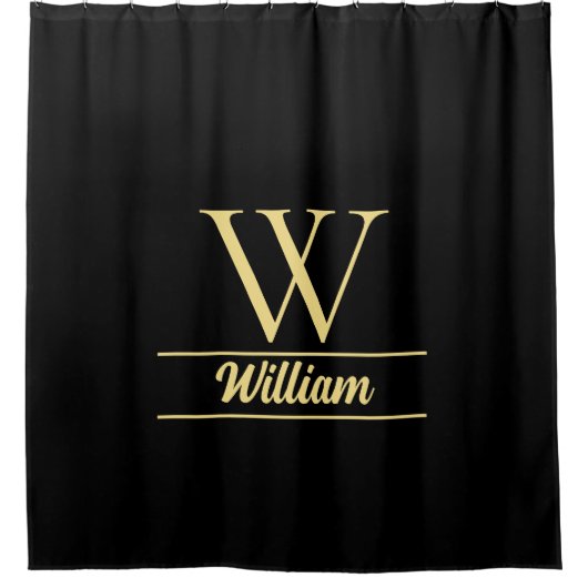 Schwarz-Gold-Monogramm | Elegantes Anfangsskript Duschvorhang (Vorderseite)