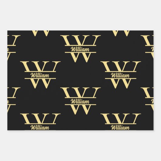 Schwarz-Gold-Monogramm | Elegantes Anfangsskript Geschenkpapier Set (Vorderseite)