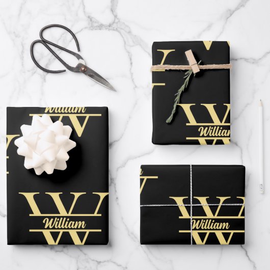 Schwarz-Gold-Monogramm | Elegantes Anfangsskript Geschenkpapier Set (Vorderseite)