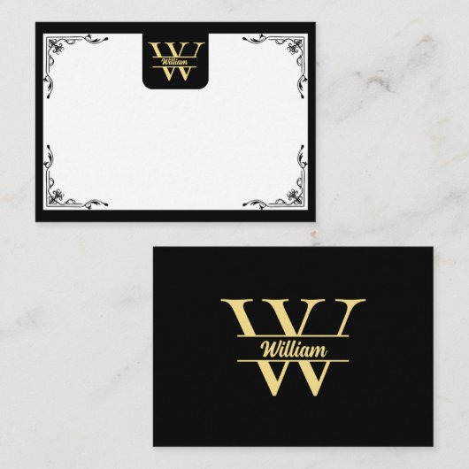 Schwarz-Gold-Monogramm | Elegantes Anfangsskript Mitteilungskarte (Vorne/Hinten)