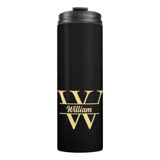 Schwarz-Gold-Monogramm | Elegantes Anfangsskript Thermosbecher (Vorderseite)