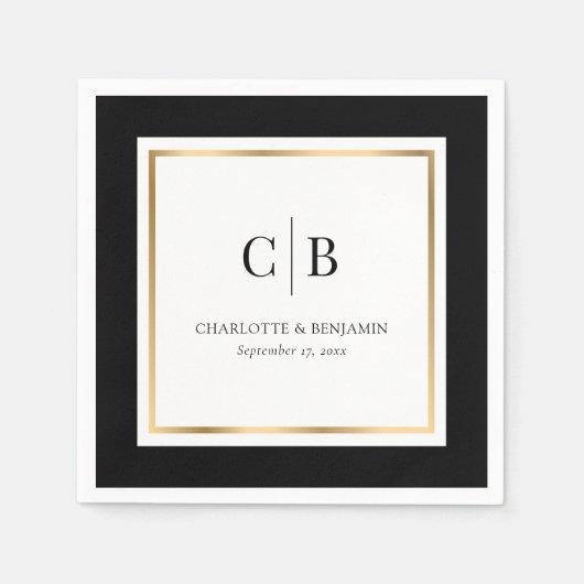 Schwarz-Gold-Monogramm-Hochzeit Serviette (Vorderseite)
