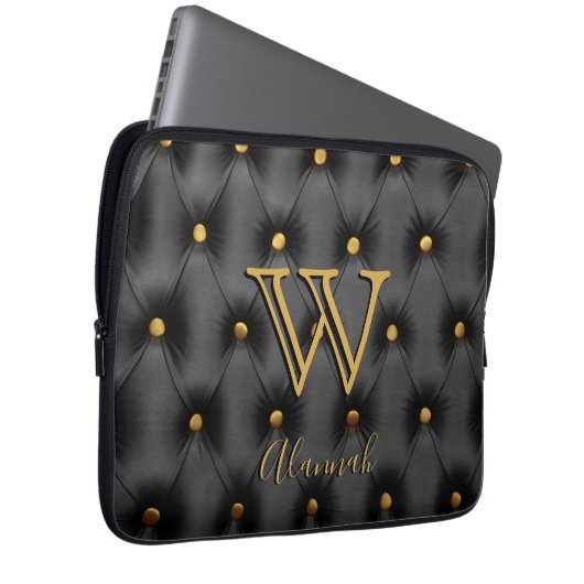 Schwarz-Gold-Monogramm Laptopschutzhülle (Vorne Rechts)