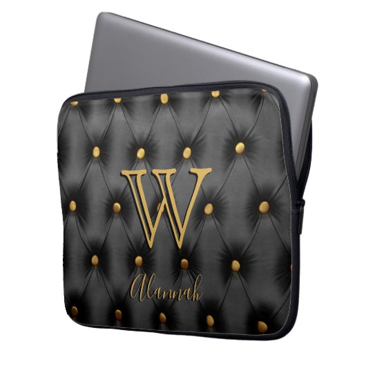 Schwarz-Gold-Monogramm Laptopschutzhülle (Vorderseite Links)