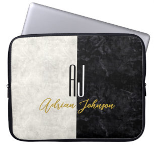 Schwarz Gold Monogramm Marmor Laptopschutzhülle