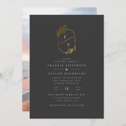 Schwarz-Gold-Monogramm | Minimalistisches Hochzeit Einladung (Vorne/Hinten)