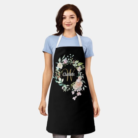 Schwarz-Gold-Monogramm-Rose Schürze (Getragen)