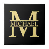 Schwarz-Gold-Monogramm und Personalisierter Name Fliese (Vorderseite)