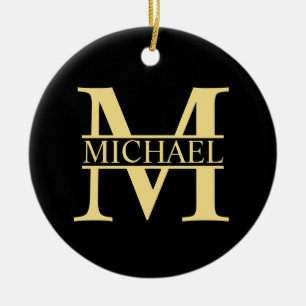 Schwarz-Gold-Monogramm und Personalisierter Name Keramik Ornament