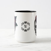 Schwarz-Gold-Moody-BlumenHalloween-Skull-Monogramm Zweifarbige Tasse (Mittel)