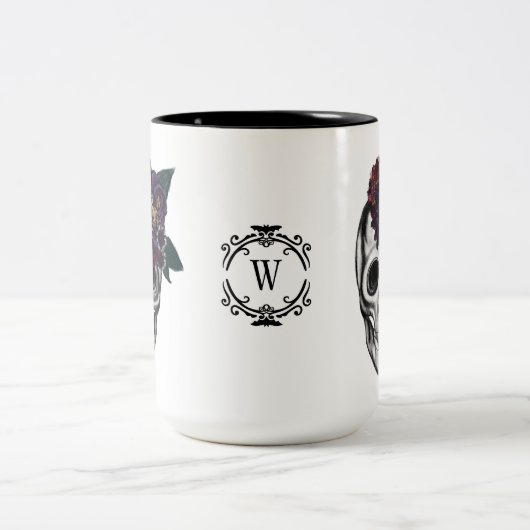 Schwarz-Gold-Moody-BlumenHalloween-Skull-Monogramm Zweifarbige Tasse (Mittel)