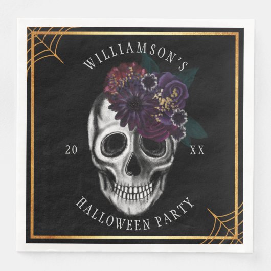 Schwarz-Gold-Moody-BlumenHalloween-Skull-Party Serviette (Vorderseite)