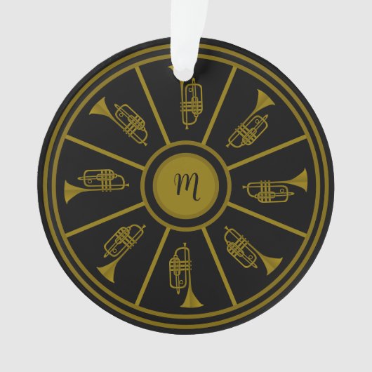 Schwarz-Gold-Motiv mit Trompeten und Monogramm Ornament (Vorderseite)