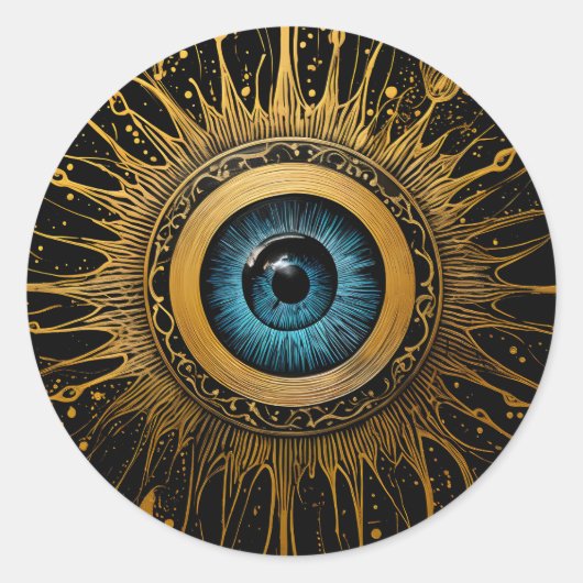 Schwarz-Gold Occulus Blue Evil Eye Sternexplosion Runder Aufkleber (Vorderseite)