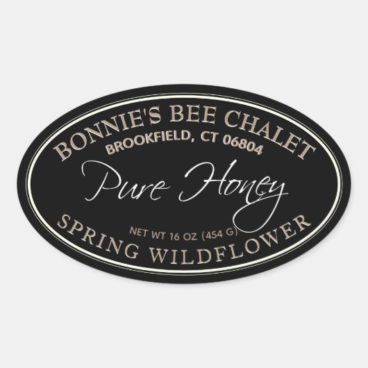 Schwarz-Gold-Oval-Honig-Etikett mit weißer Grenze Ovaler Aufkleber (Vorderseite)