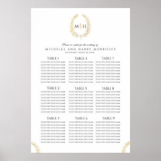 Schwarz-Gold-Oval-Kranz Hochzeitssitzkarte Poster (Vorne)
