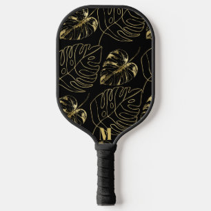 Schwarz-Gold-Palm-Leaf-Muster Modernes Monogramm Pickleball Schläger