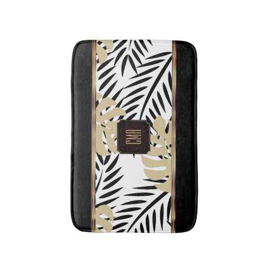 Schwarz-Gold-Palm-Muster mit Monogramm Badematte (Vorderseite Vertikal)