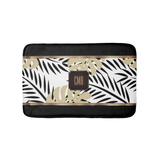 Schwarz-Gold-Palm-Muster mit Monogramm Badematte (Vorderseite)