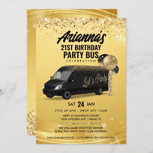 Schwarz-Gold-Party-Bus Einladung (Vorne/Hinten)