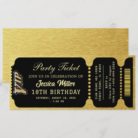 Schwarz & Gold Party-Ticket Einladung (Vorne/Hinten)