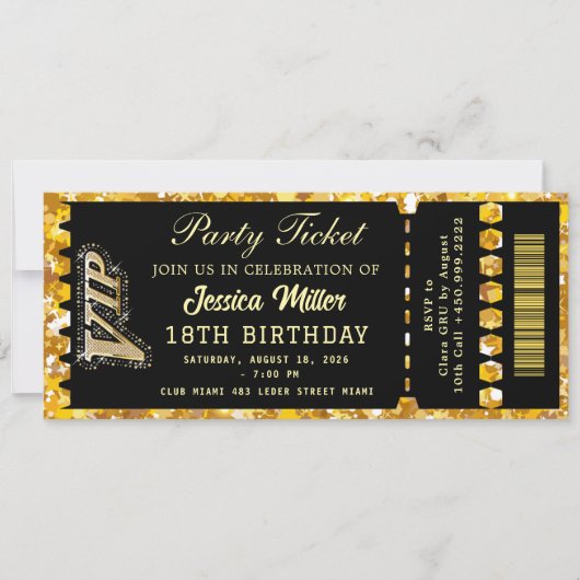 Schwarz & Gold Party-Ticket Einladung (Vorderseite)