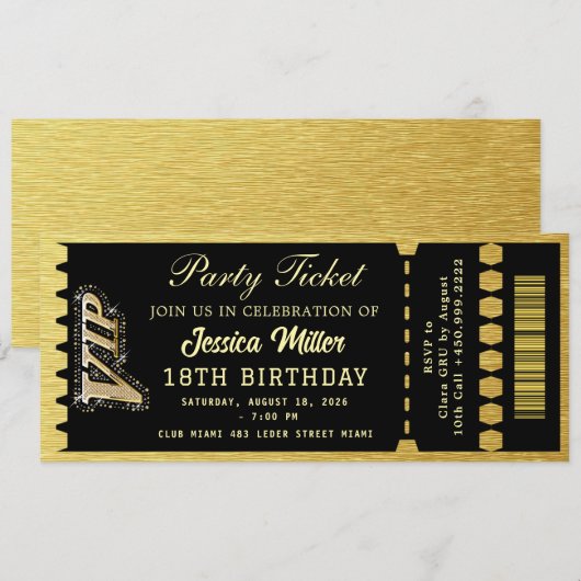 Schwarz & Gold Party-Ticket Einladung (Vorne/Hinten)