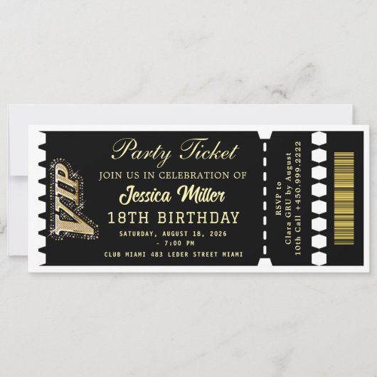 Schwarz & Gold Party-Ticket Einladung (Vorderseite)
