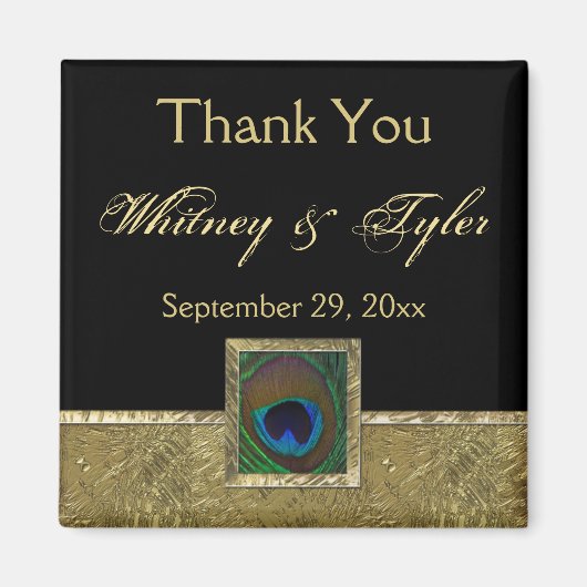 Schwarz, Gold Peacock Feather Gastgeschenk Hochzei Magnet (Vorne)