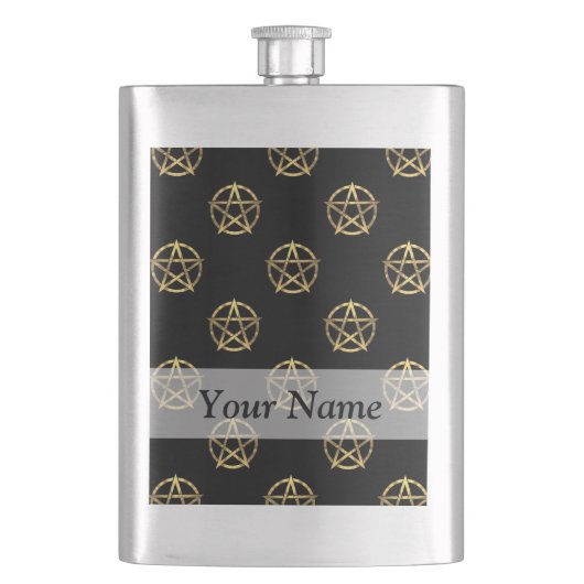 Schwarz-Gold-Pentagramm Flachmann (Vorderseite)
