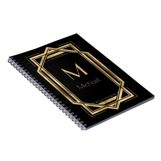 Schwarz-Gold-Personalisiert-Monogramm | Geometrisc Notizblock (Rechte Seite)