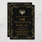 Schwarz-Gold-Rahmen, Herz-Silber-Jahr Einladung (Vorne/Hinten)