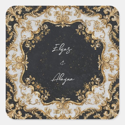 Schwarz-Gold-Rokoko-Rahmen-Hochzeitsticker Quadratischer Aufkleber (Vorderseite)