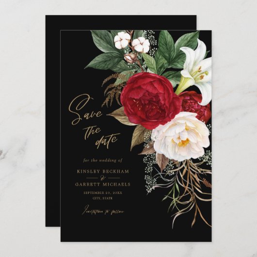 Schwarz-Gold-Romantische Blumenhochzeit rettet das Save The Date (Vorne/Hinten)