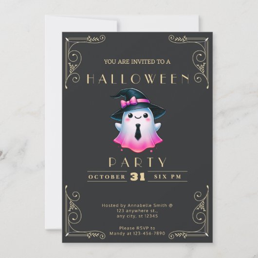 Schwarz-Gold-Rosa-Ghost-Halloween Einladung (Vorderseite)