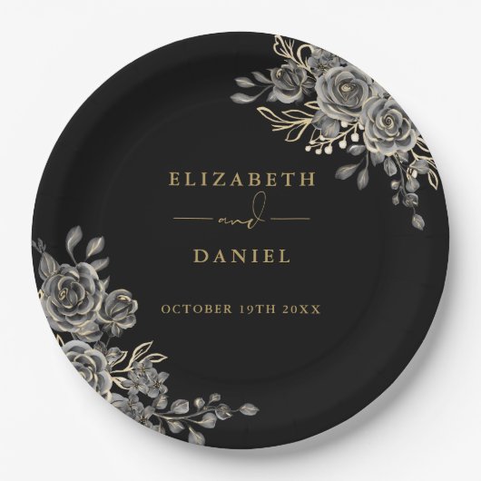 Schwarz-Gold-Rose Blumengotik Pappteller (Vorderseite)