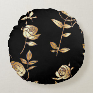 Schwarz-Gold-Rose-Blumenmuster Rundes Kissen