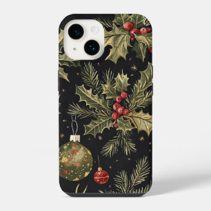 Schwarz-Gold-Rot-Weihnachts-Stechpalmen-Muster iPhone 14 Hülle
