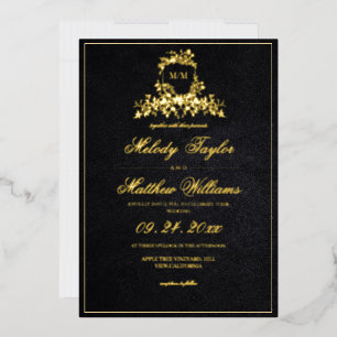 Schwarz & Gold Royal Kalligrafie-Wappen Hochzeit Folieneinladung
