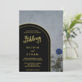 Schwarz-Gold rustikale blaue Rose Einladung Hochze (Stehend Vorderseite)