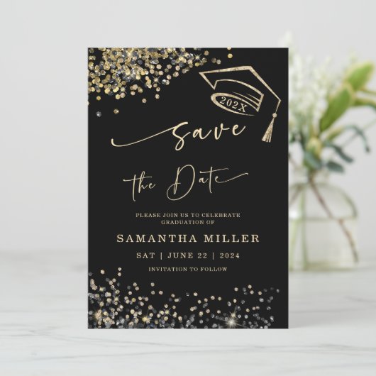 Schwarz-Gold-Save the Date-Abschluss Einladung (Stehend Vorderseite)