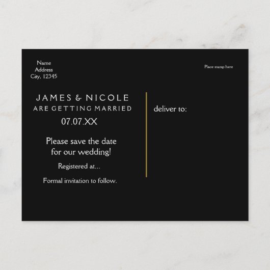 Schwarz/Gold SAVE THE DATE Skripttyp Postkarte (Rückseite)