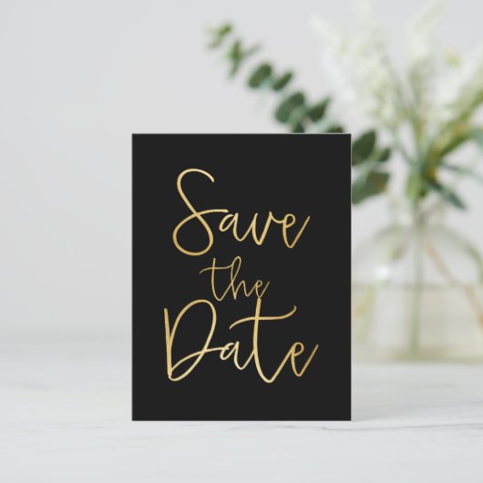 Schwarz/Gold SAVE THE DATE Skripttyp Postkarte (Stehend Vorderseite)