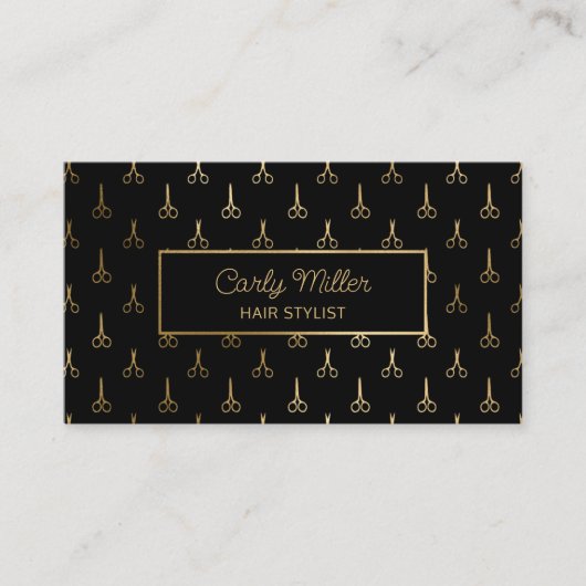 Schwarz-Gold-Schere Muster Frisur Stylist Salon Visitenkarte (Vorderseite)