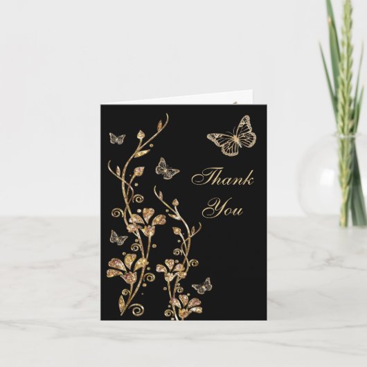 Schwarz, Gold Schmetterling Floral Danke Note Card (Vorderseite)