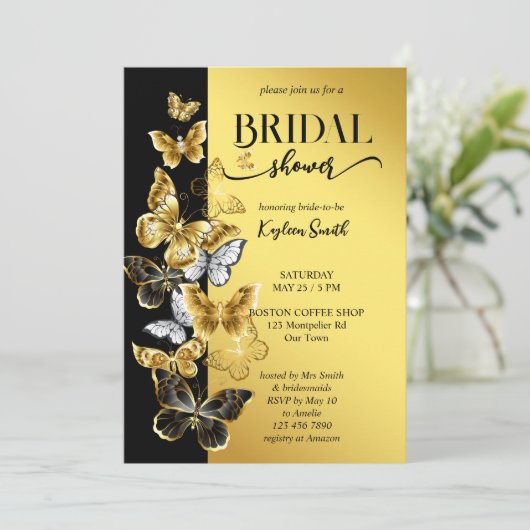 Schwarz-Gold-Schmetterlinge Brautparty laden ein Einladung (Stehend Vorderseite)